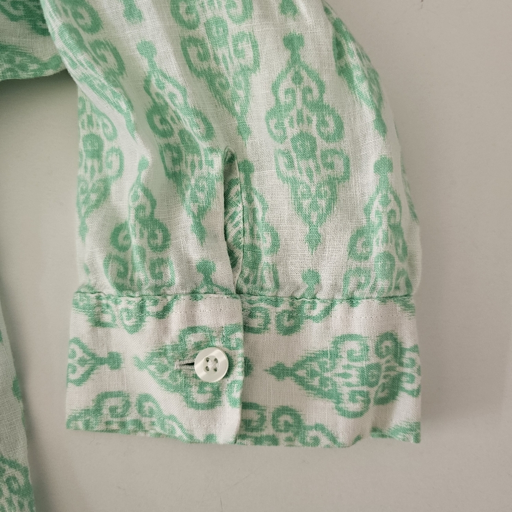 Chico's 100% Linen Large (Size 1 /M 8-10) No Iron Green & White Button Up Shirt - Picture 5 of 7